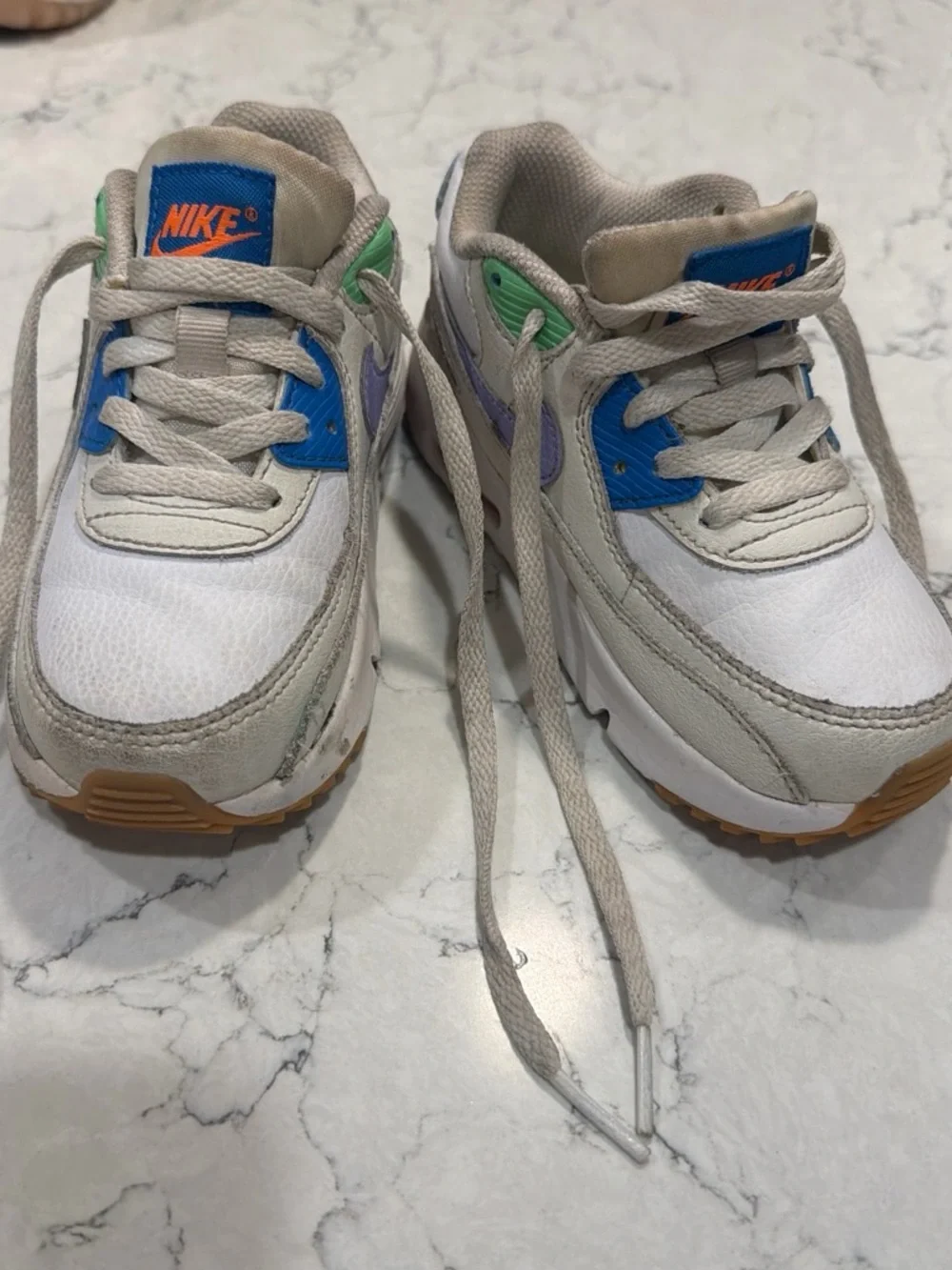 Nike Kids White Sneakers with Blue, Green & Purple Accents